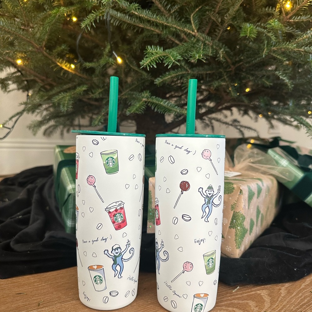 Starbucks Festive White Tumblers with Green Straws
